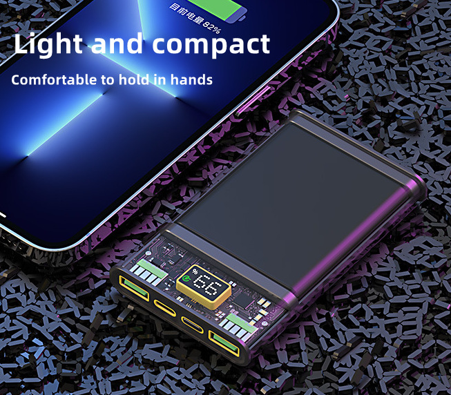 Cyberpunk Transparente Led Cable incorporado 22.5w Pd Carga rápida 10000 20000 Mah Banco Fuente de alimentación móvil 